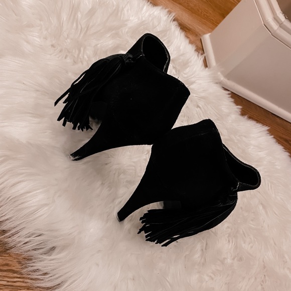 BEBE Black Suede Platform Fringe Ankle Booties 8 - Picture 9 of 16